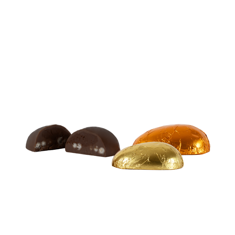 Halbe Schokoladeneier dunkel gefüllt & gewickelt orange & gold
