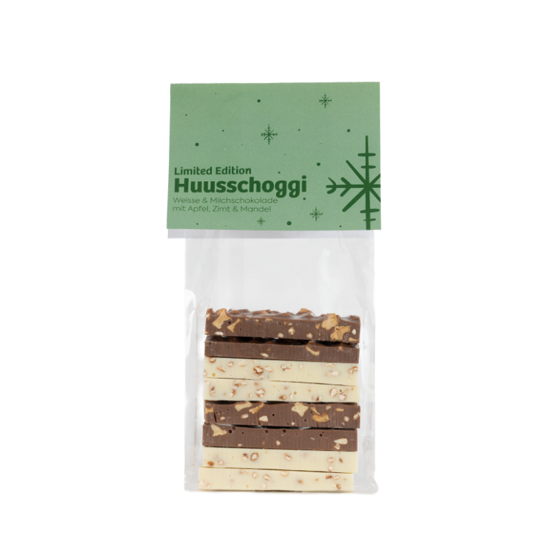 Huusschoggi im Säckli Milch und weiss mit Mandeln, Zimt & Apfel