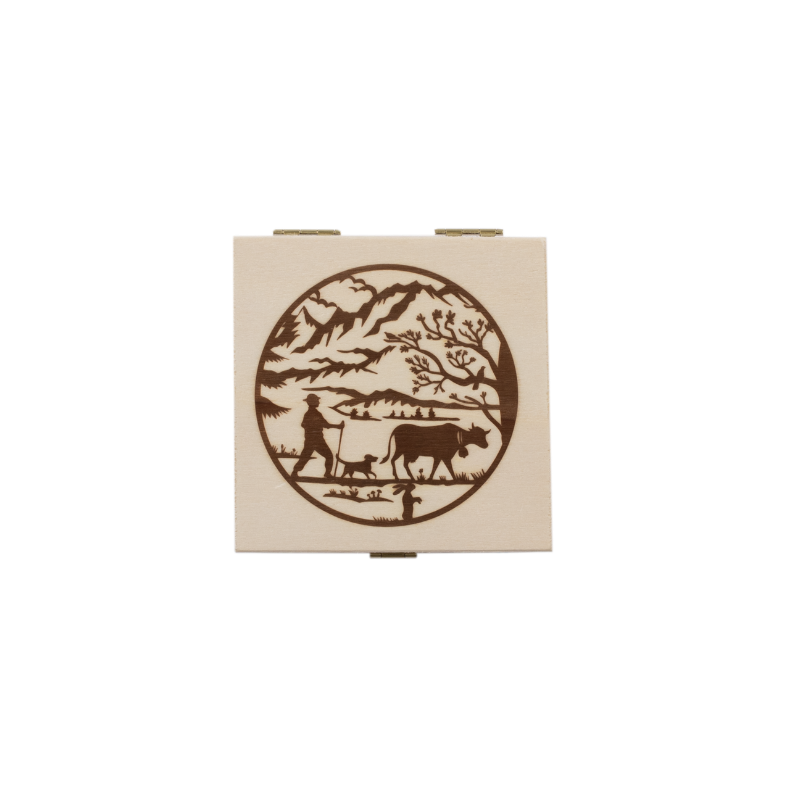 Holzschatulle Schweiz mit Pralinés assortiert (4 Stk.)